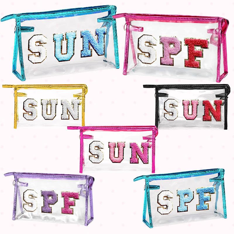 COSHAYSOO Clear Makeup Bag Preppy Sunscreen Pouch Waterproof Transparent Summer Beach Travel Stuff Small Cosmetic Toiletry Purse for Women Teenager Girls with Cute Puffy Letter Patch Black SUN - Image 5